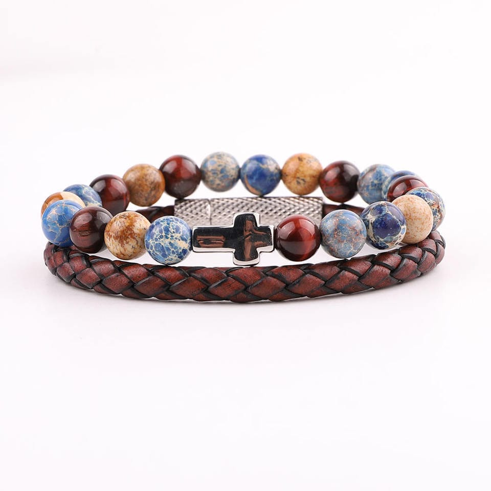 Leather Stone-Cross Bracelet Set