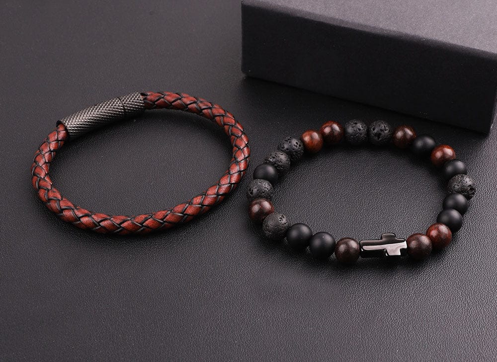 Leather Stone-Cross Bracelet Set