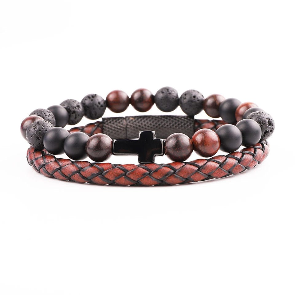 Leather Stone-Cross Bracelet Set