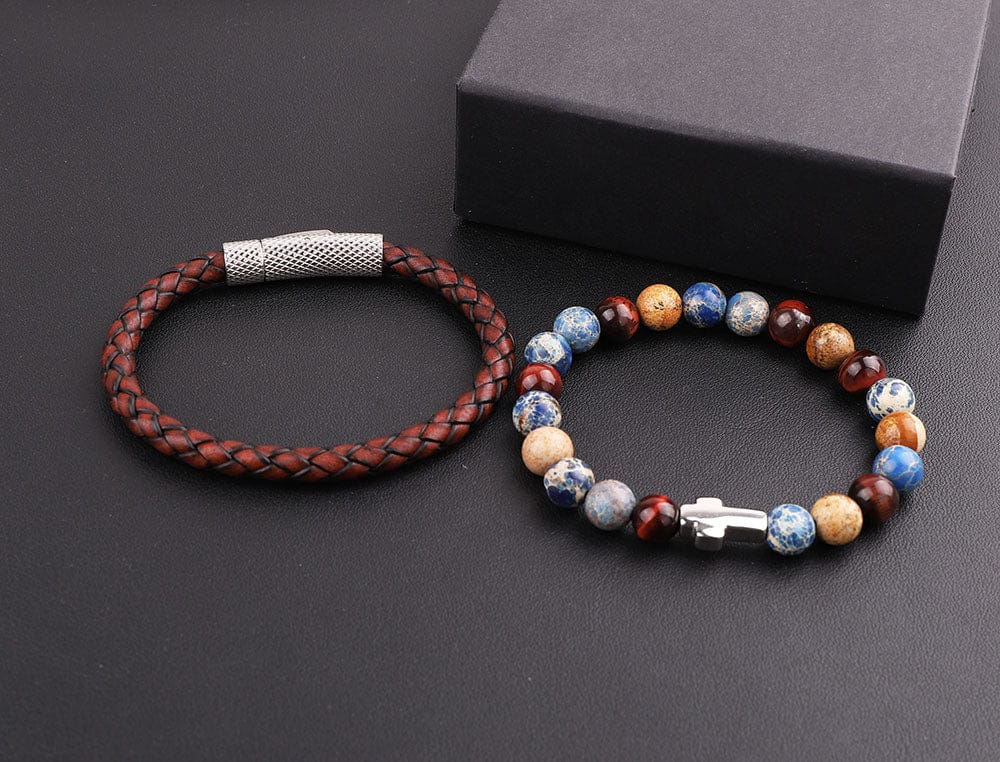 Leather Stone-Cross Bracelet Set