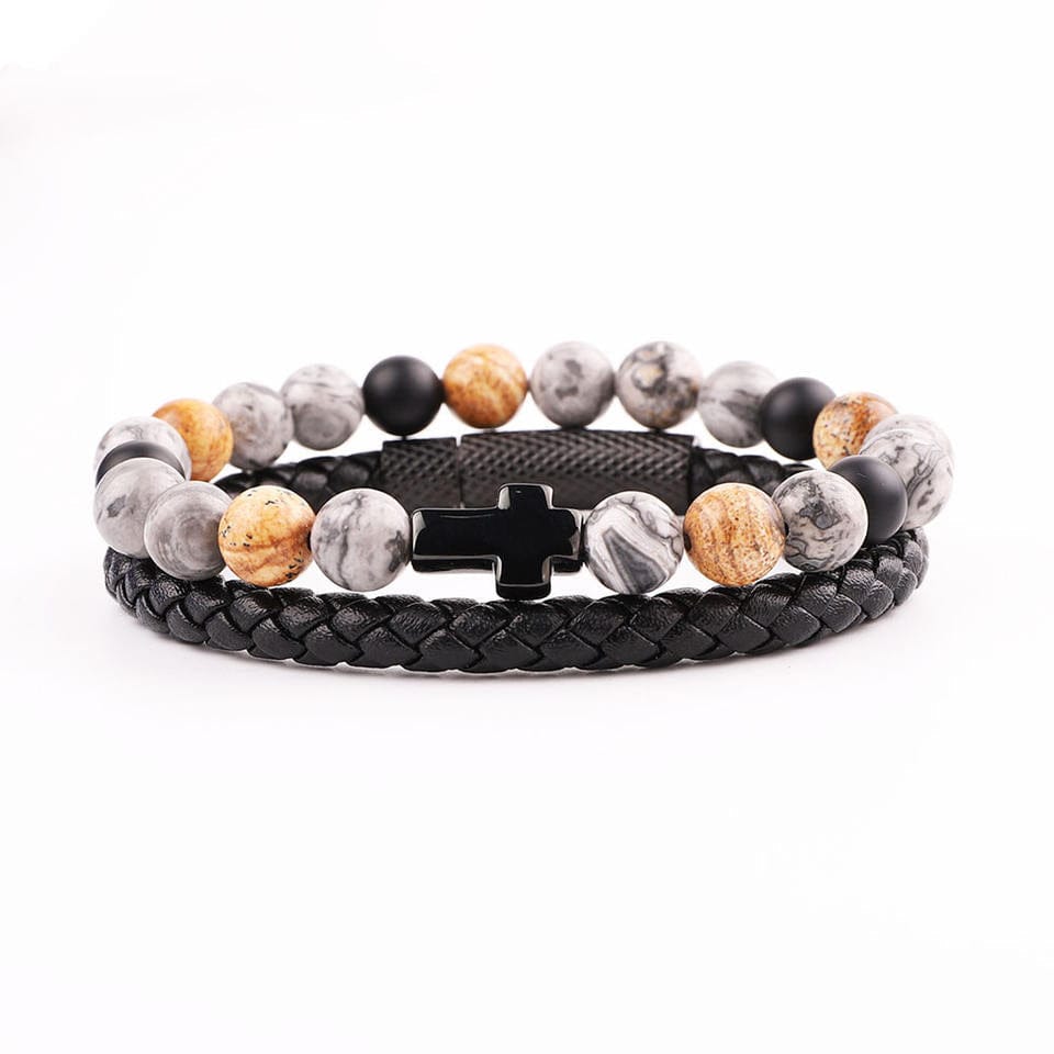 Leather Stone-Cross Bracelet Set