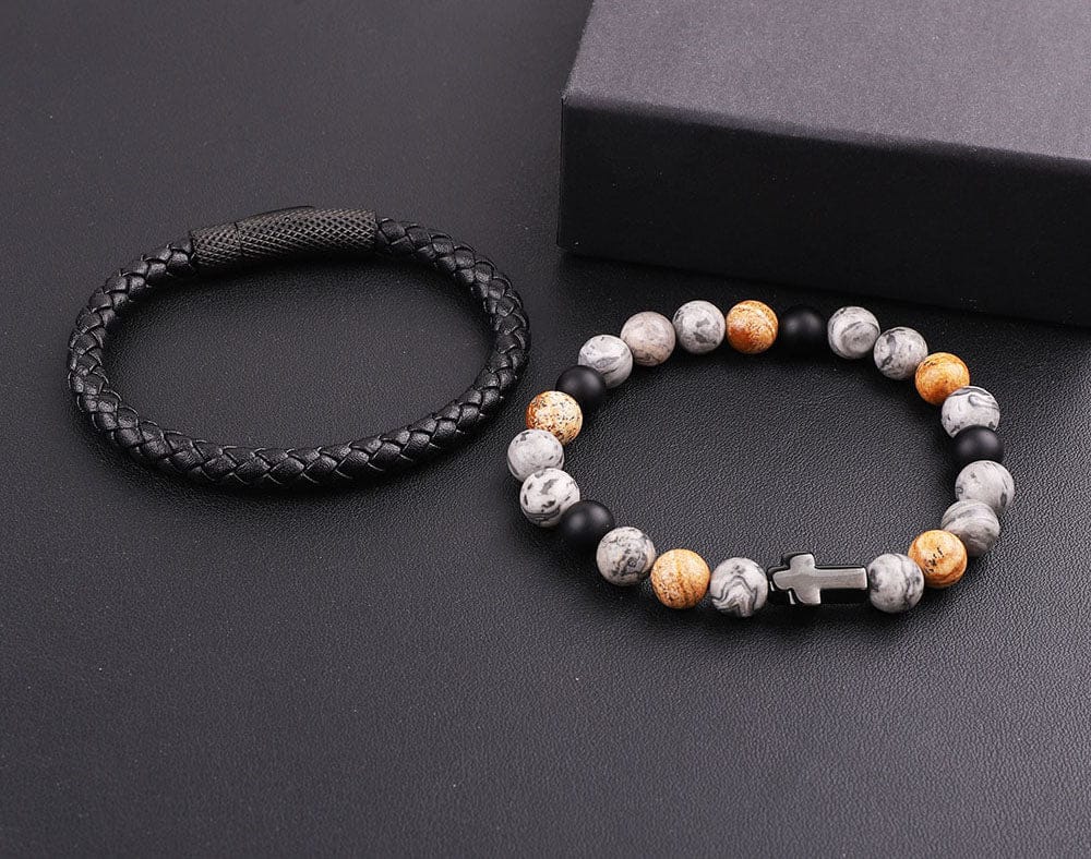 Leather Stone-Cross Bracelet Set