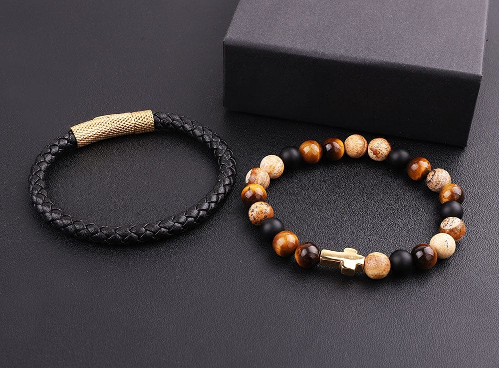 Leather Stone-Cross Bracelet Set
