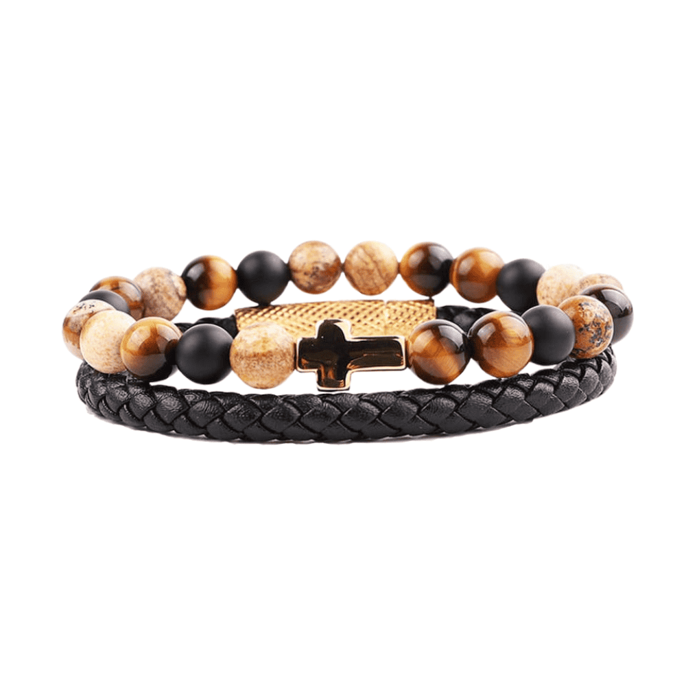 Leather Stone-Cross Bracelet Set
